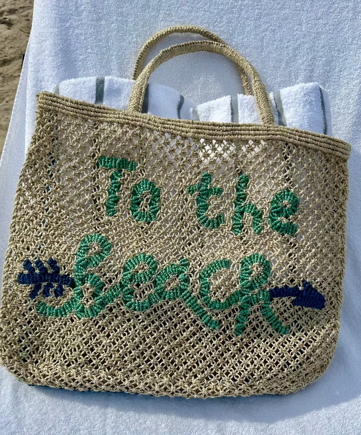 To the Beach - Natural and aqua bag